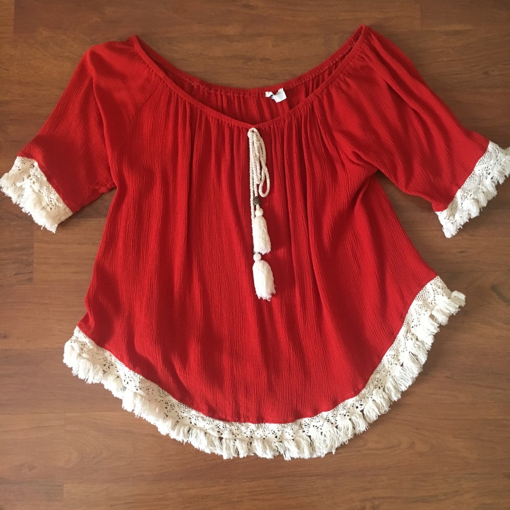 Off-the-shoulder Burnt Orange Top with Fringe